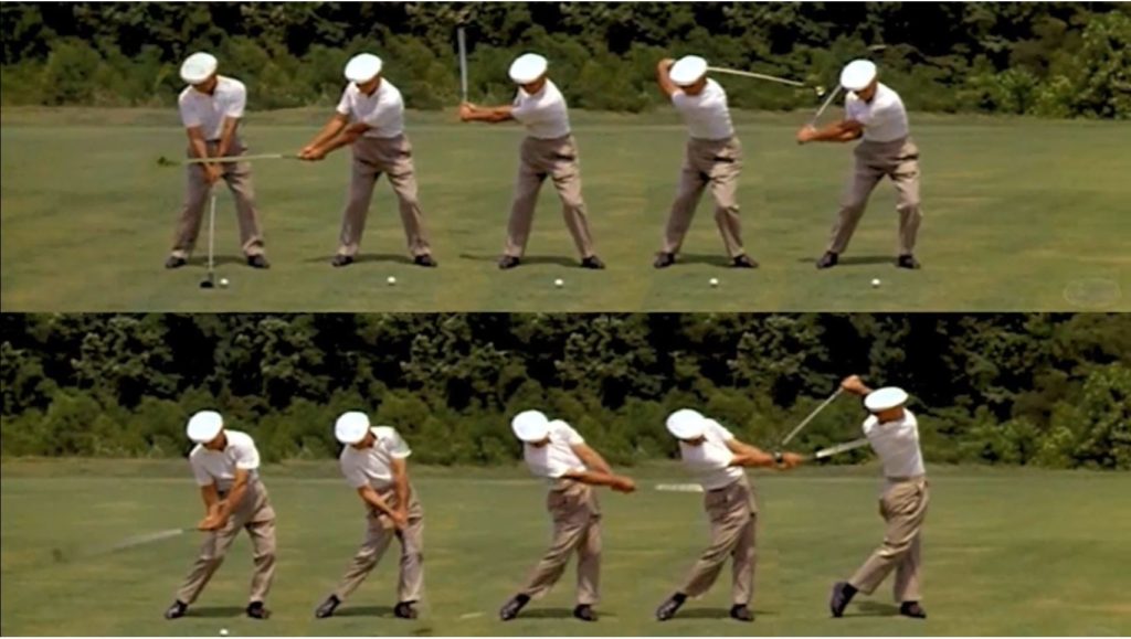 a sequence of photos showing ben hogan's golf swing