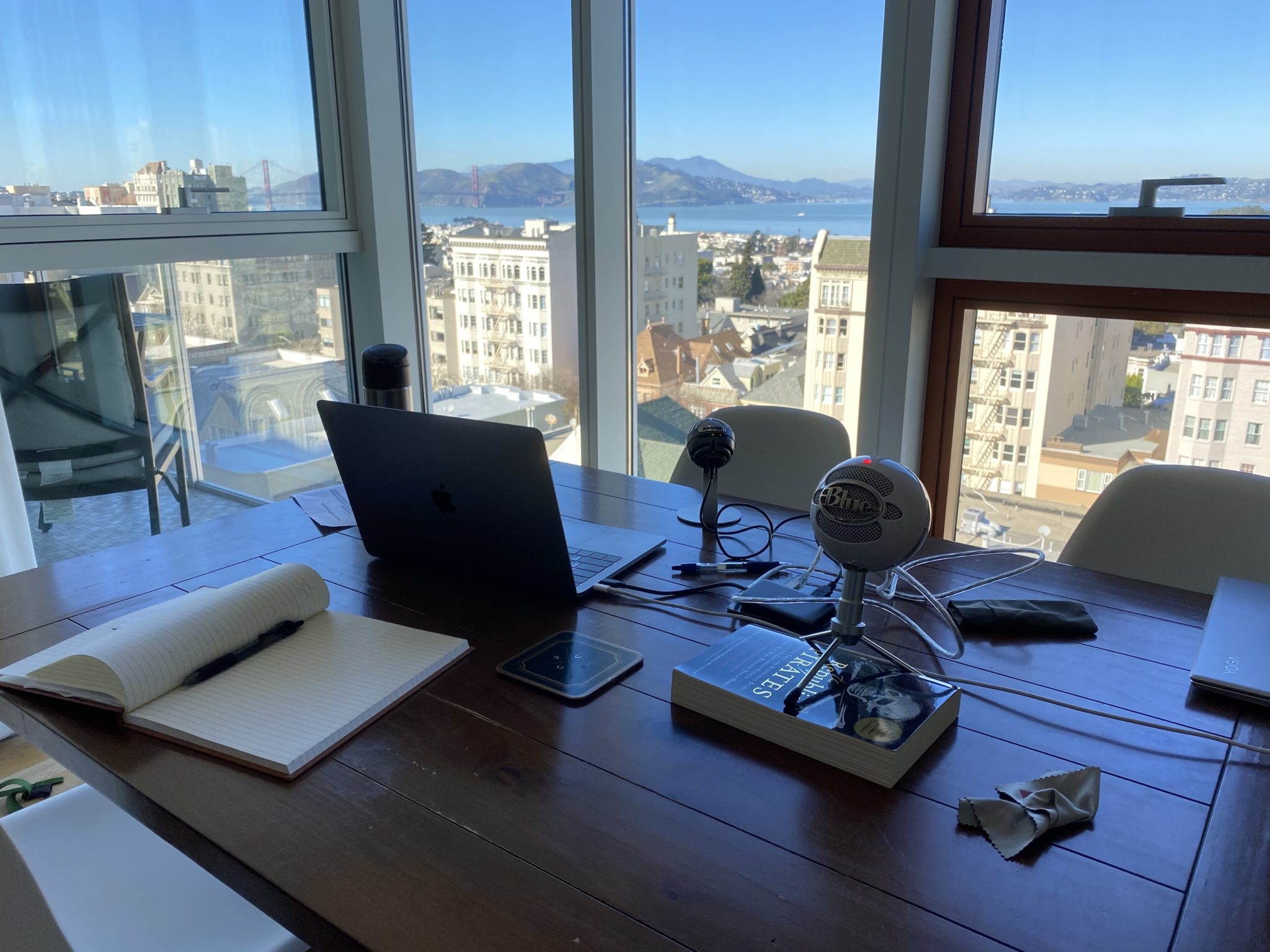 two microphones on a table with golden gate bridge in the background