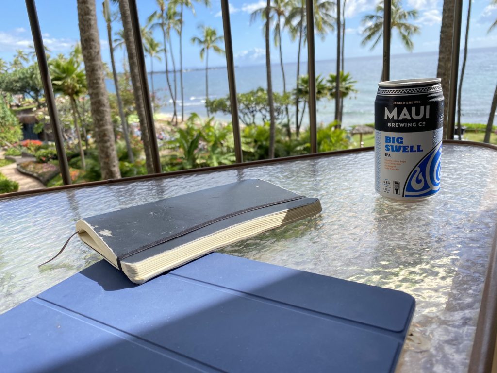 Lanai in Maui with ipad, notebook, and beer