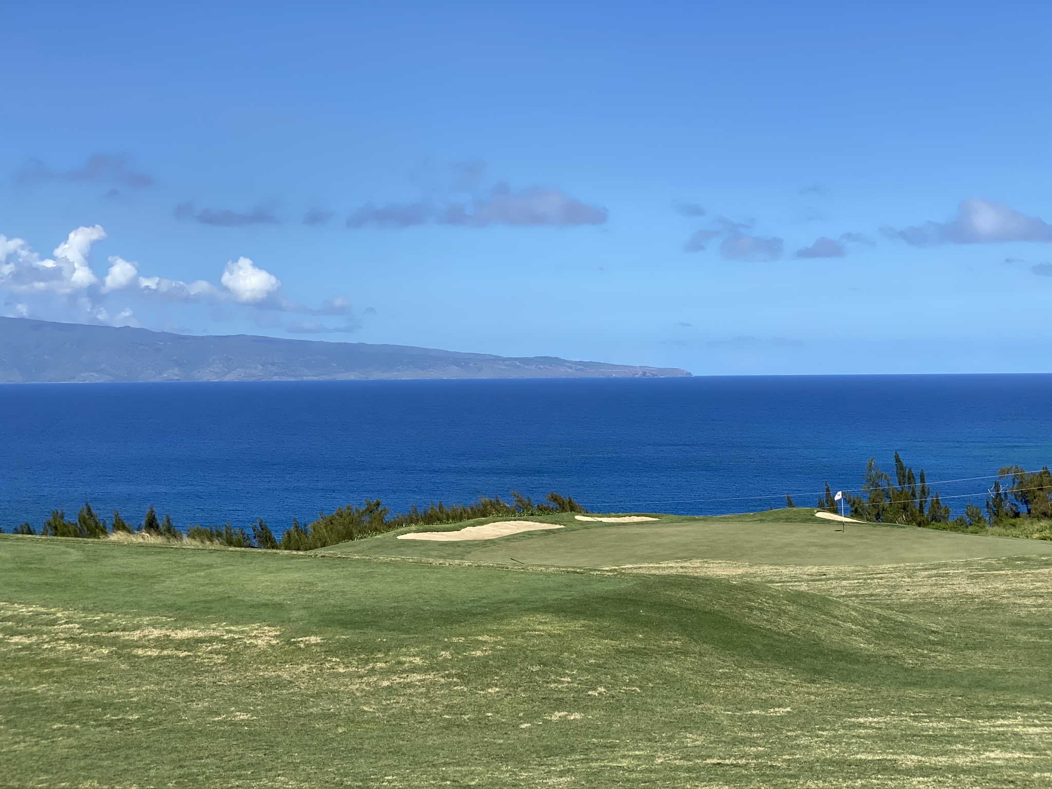 a golf green with ocean in the background